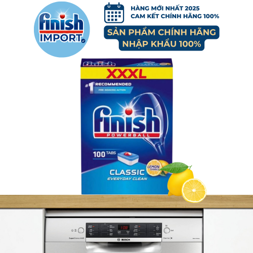 Hộp 100 viên rửa chén Finish Classic XXXL – (2x tính năng trong 1 viên – Hương Chanh) – (Dành cho máy rửa chén 9-10-12 bộ).